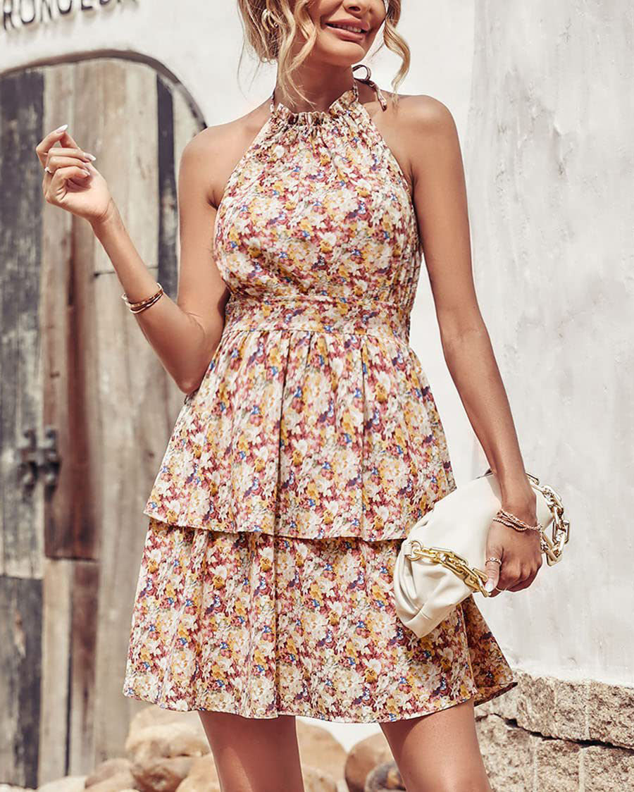 Halter Neck Backless Floral Sleeveless Dress