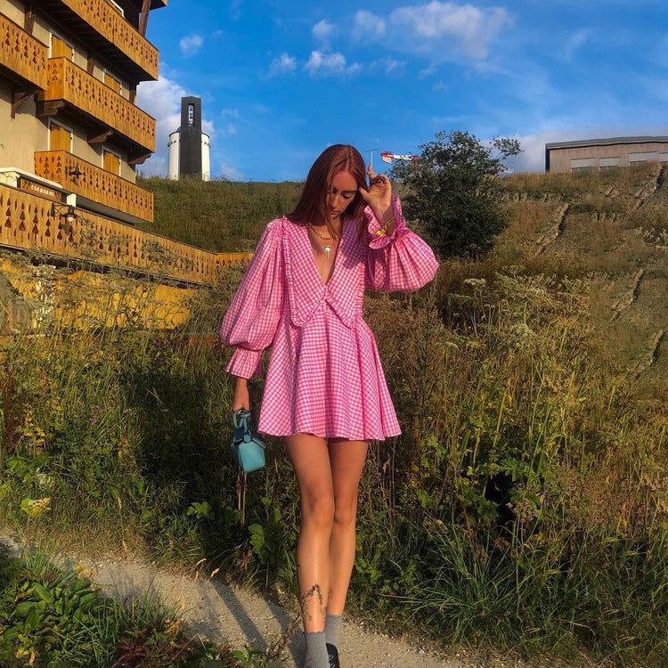 Pink Plaid Doll Collar Long Sleeve Dress GracefulA line Dress - Fashionpara