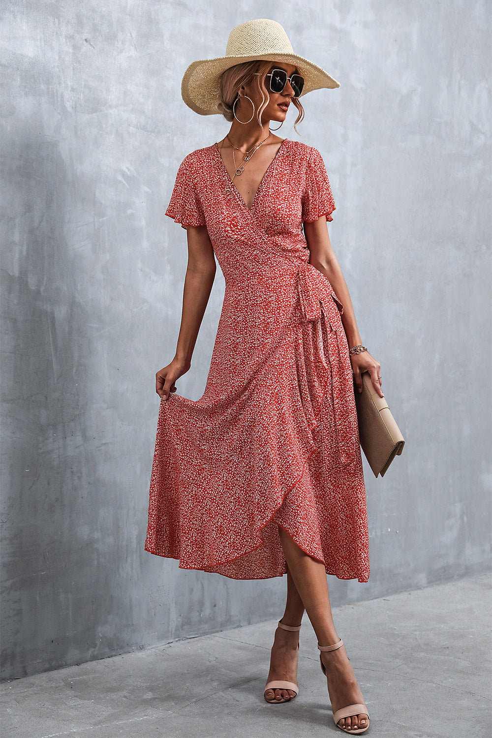 Floral Print V-Neck Short Sleeve Ruffle Wrap Maxi Dress