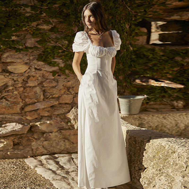 Sweet Court Puff Sleeve Square Collar Lace Solid Color Dress for - View 5