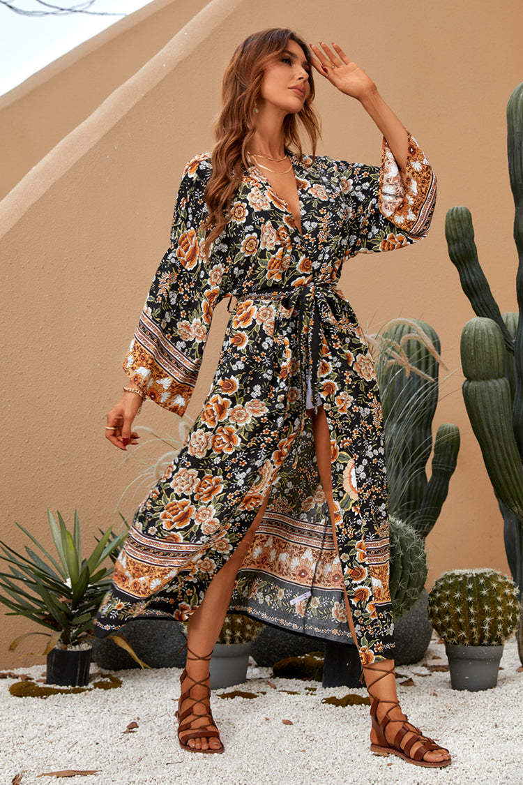 Floral Print V-Neck Long Sleeve Wrap Maxi Dress