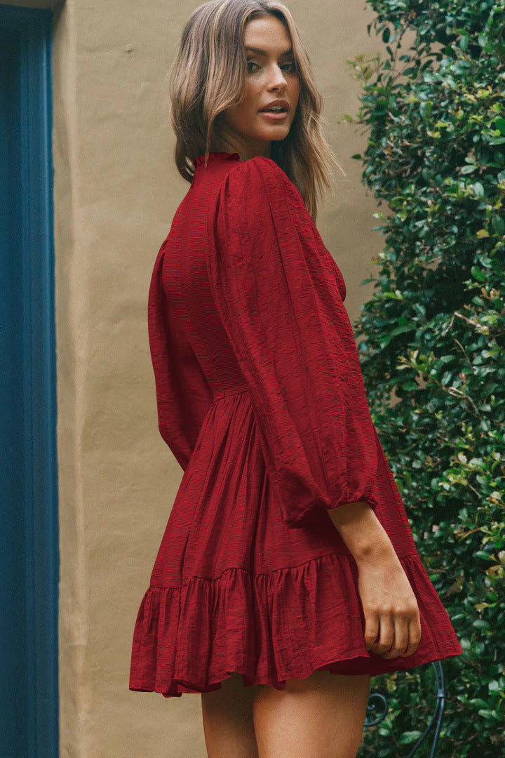 Smocked High Neck Long Sleeve Tiered Fit & Flare Mini Dress
