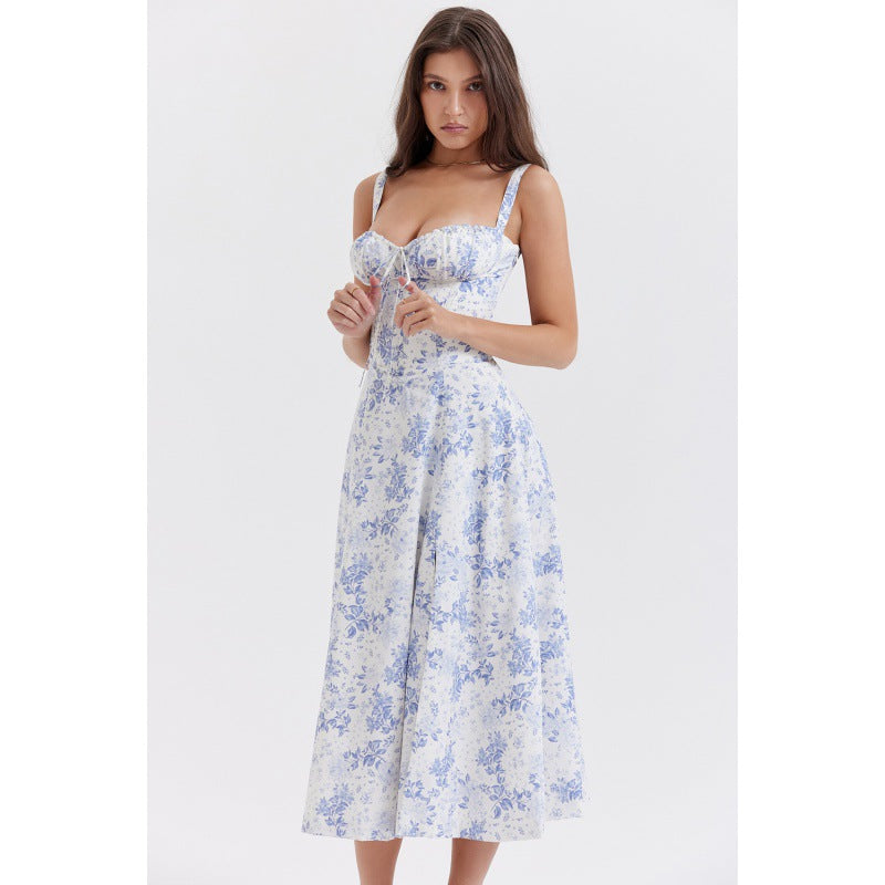 Floral Sweetheart Neck Corset High Split Midi Dress 3
