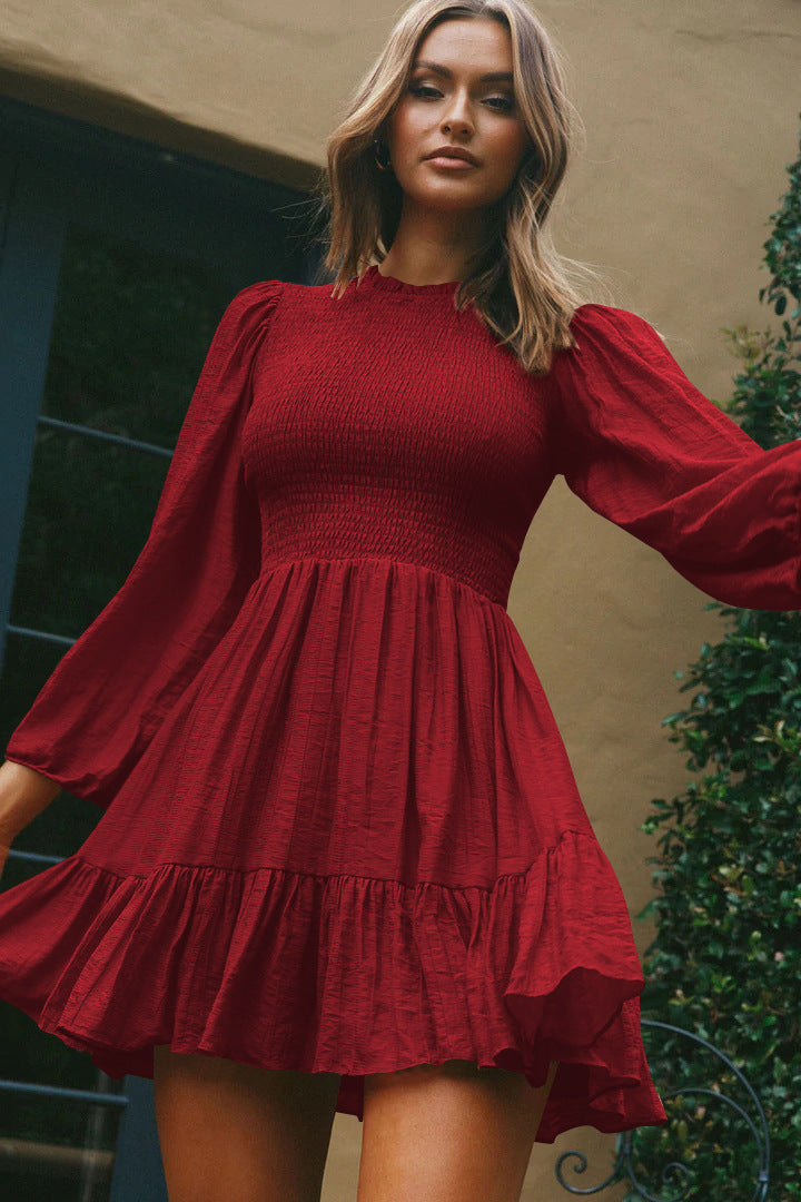 Smocked High Neck Long Sleeve Tiered Fit & Flare Mini Dress