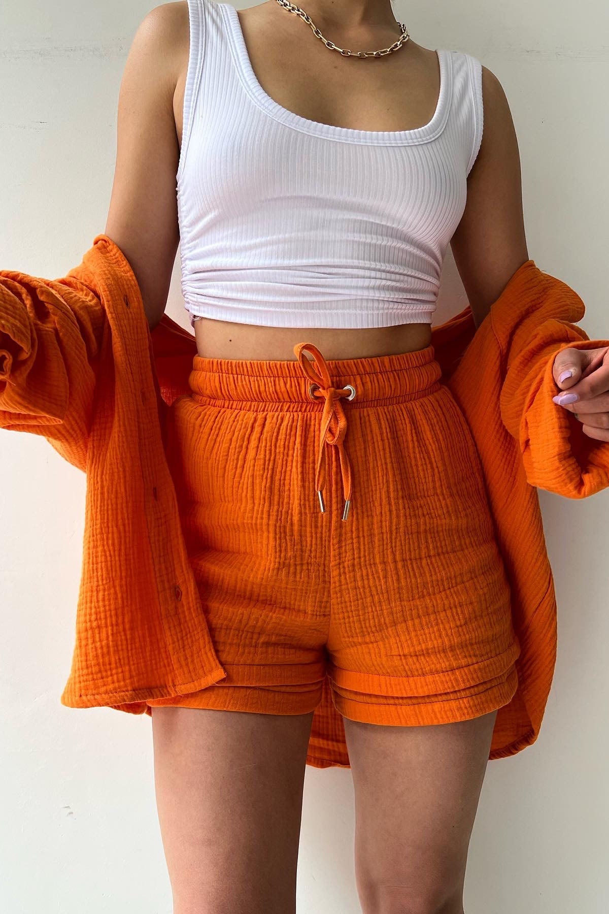 Solid Color Mock Neck Top and High-Waist Shorts Set