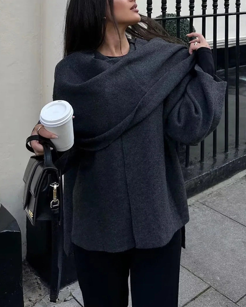 ShoptheCIC Cropped Knitted Jacket with Asymmetric Scarf Detail