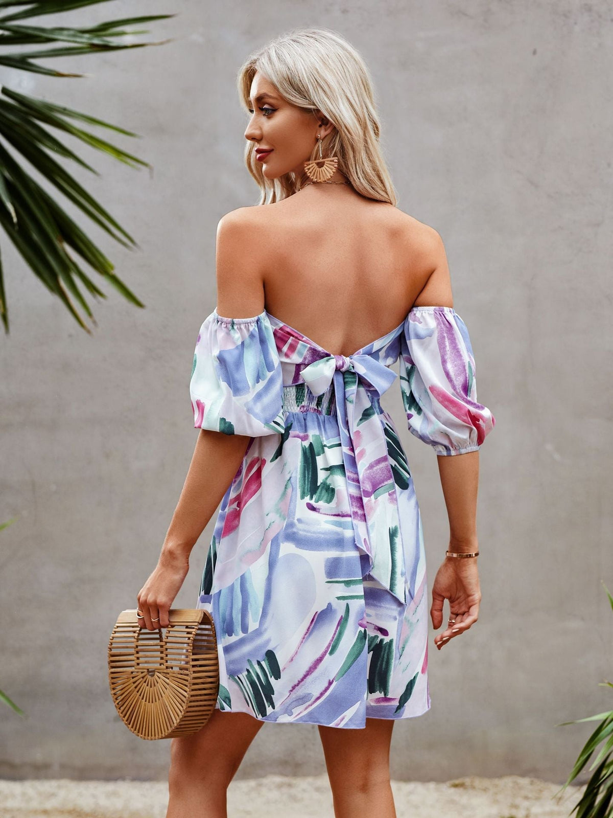 Abstract Print Off Shoulder Puff Sleeve Fit & Flare Mini Dress