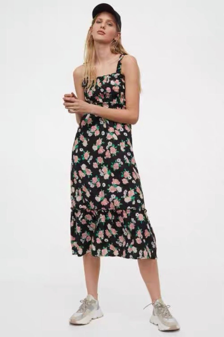 Floral Square Neck Sleeveless Tiered Midi Dress