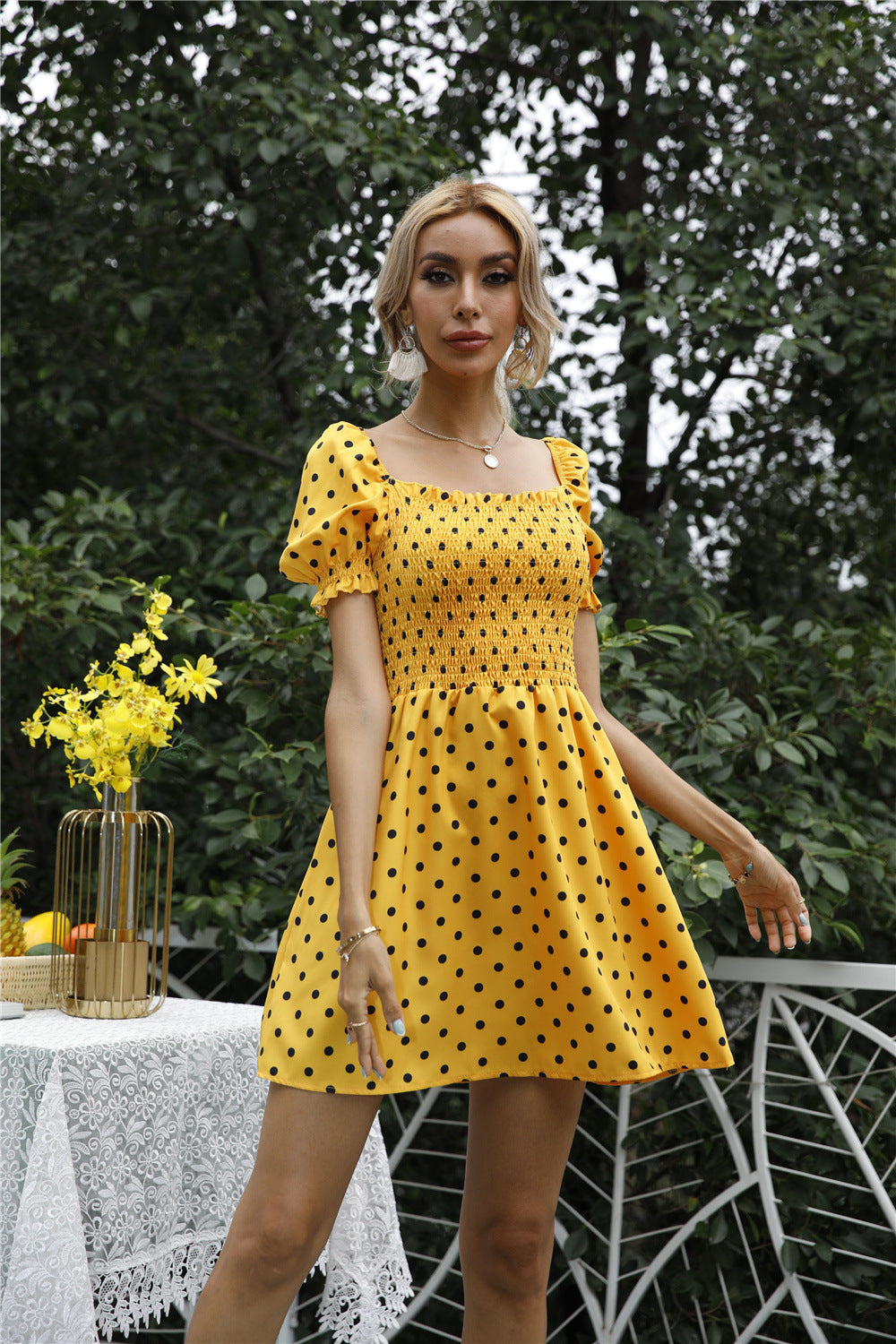 Polka Dot Square Neck Puff Sleeve Fit & Flare Mini Dress