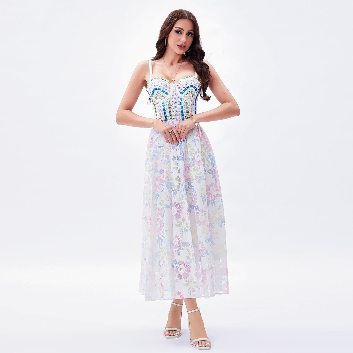 Spaghetti Strap Sweetheart Beaded Corset 3D Floral Midi Dress - View 2
