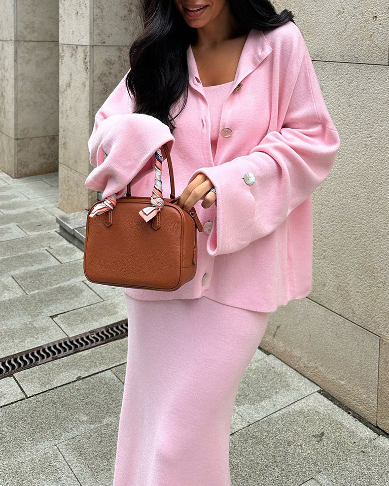 Cozy Knitted Long-Sleeved Cardigan and Skirt Set for Style