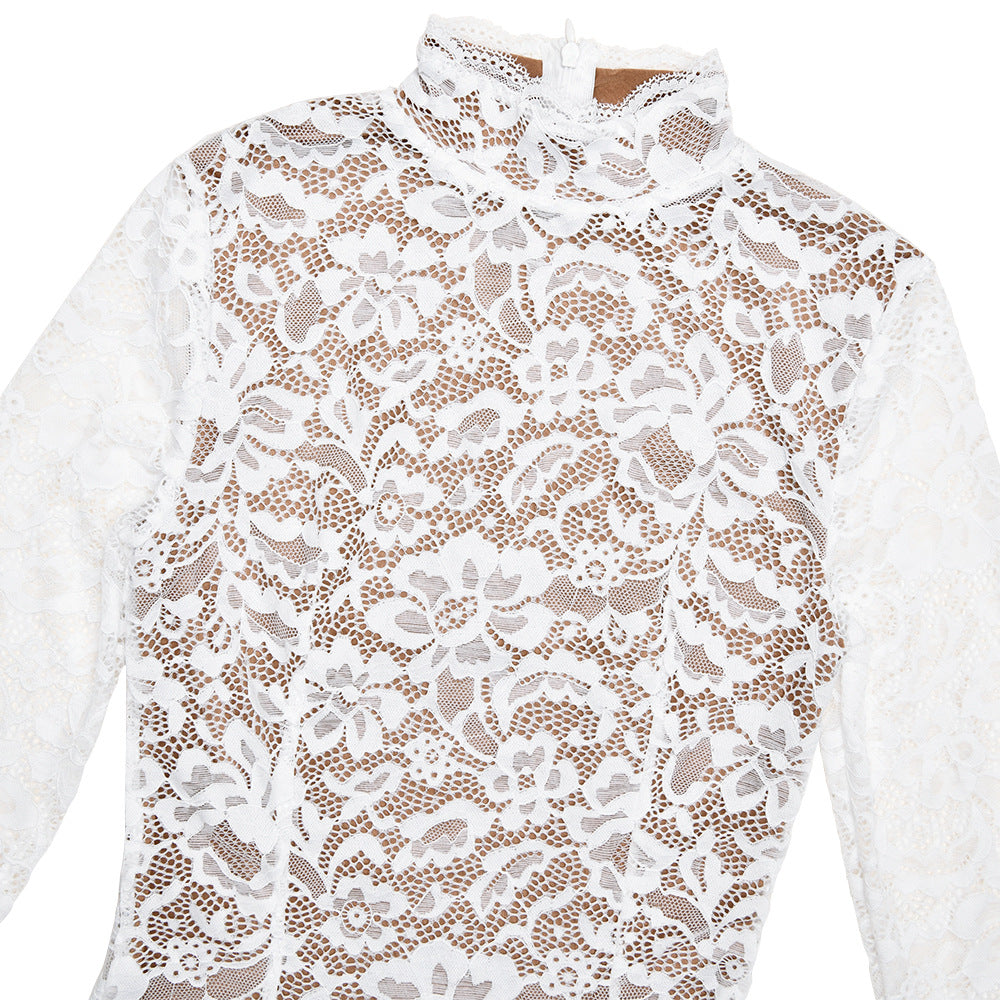 Lace High Neck Long Sleeve Mermaid Midi Dress