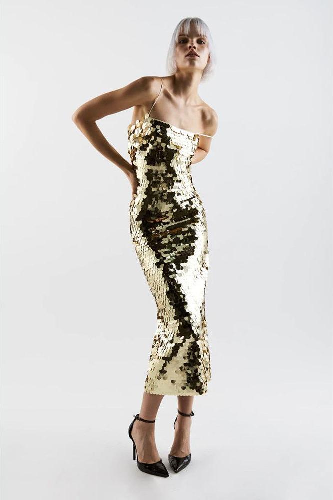 Glittering Tube Top Gold Backless Maxi Dress