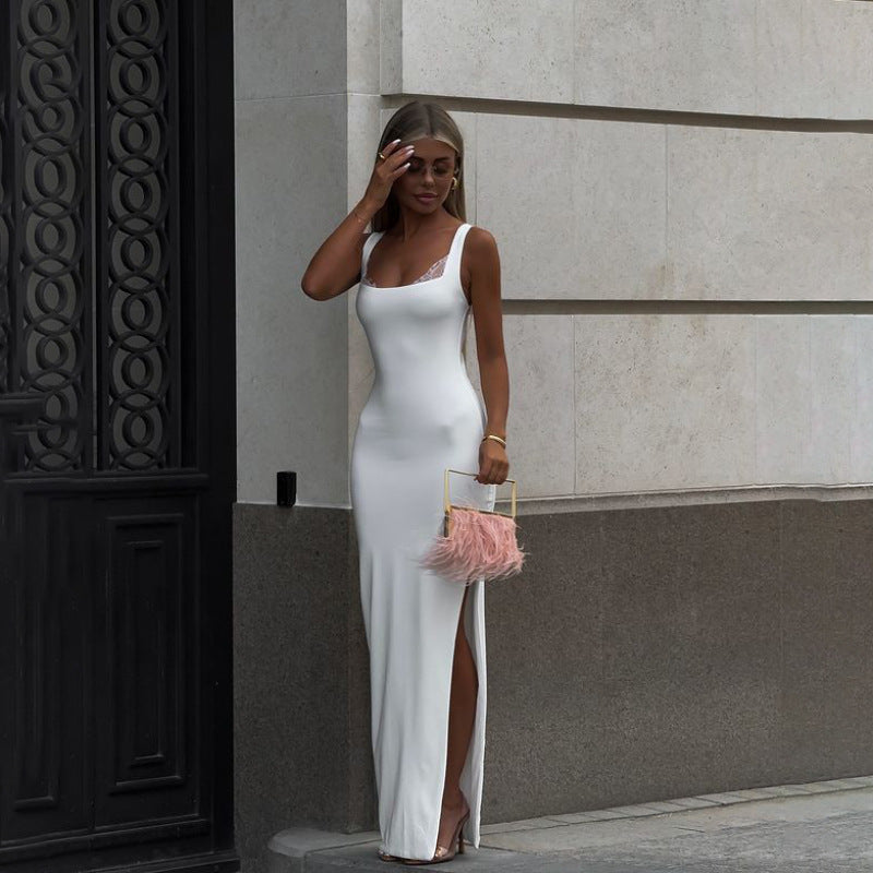 Lace Trim Square Neck Sleeveless High Split Bodycon Maxi Dress - View 3