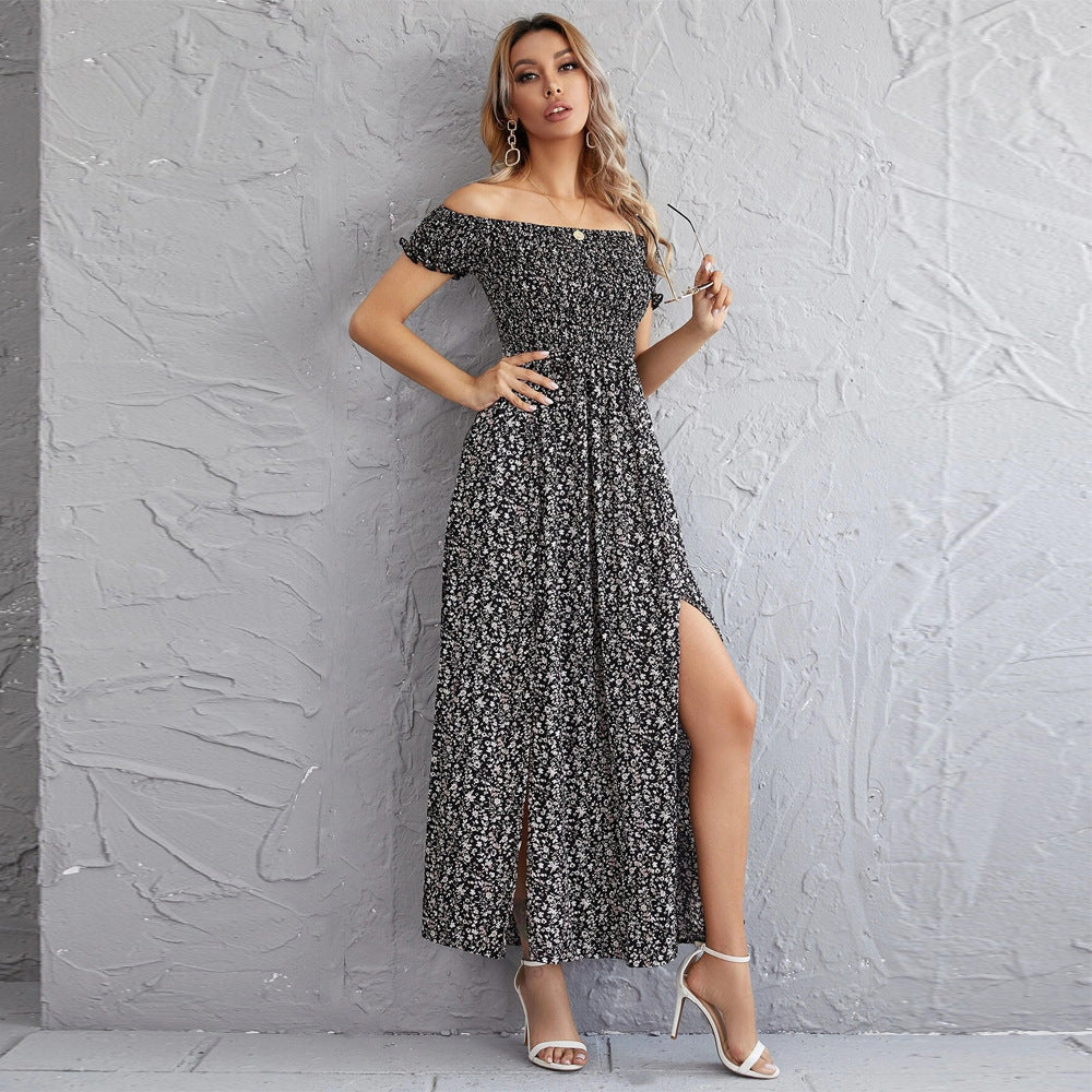 Floral Print Off Shoulder Smocked Slit Maxi Dress