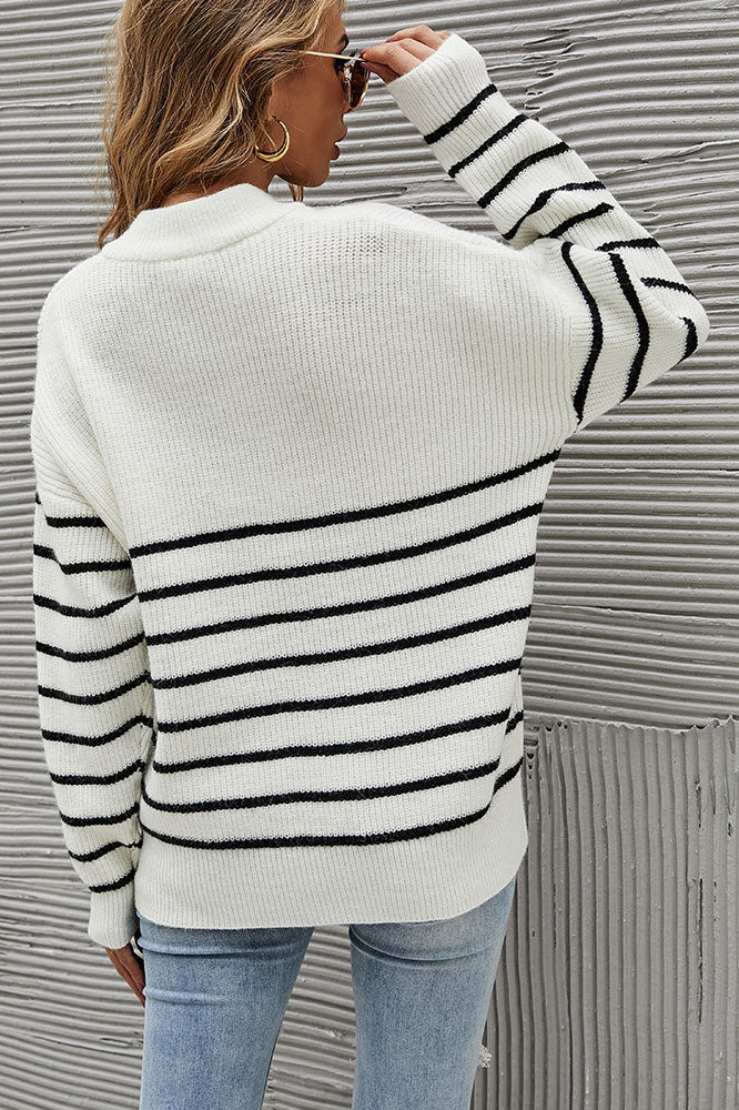 ShoptheCIC Striped Colorblock High Neck Zip Sweater