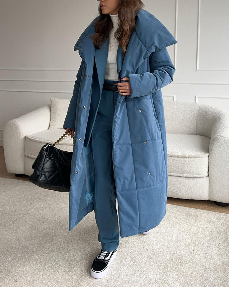 Elegant Long Cotton Coat with Large Lapel and Belt