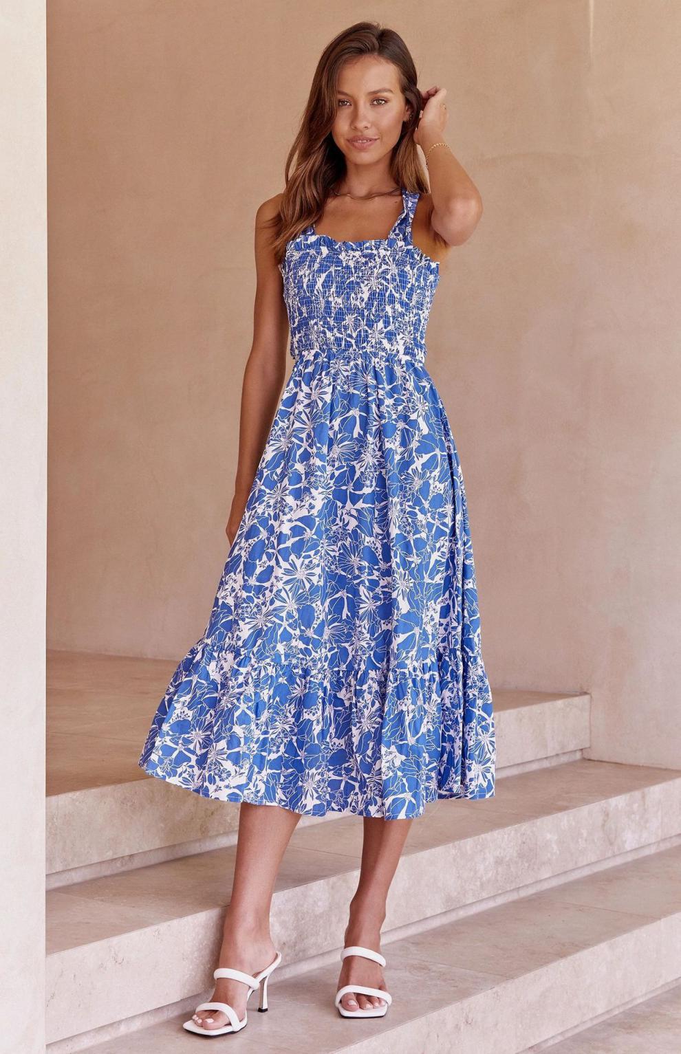 Floral Print Square Neck Smocked Tiered Midi Dress