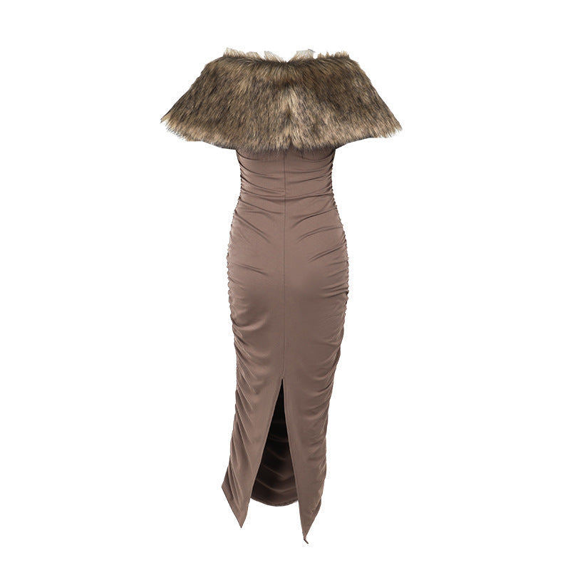 Faux-Fur Stole Off-Shoulder Ruched Bodycon Maxi Dress 10