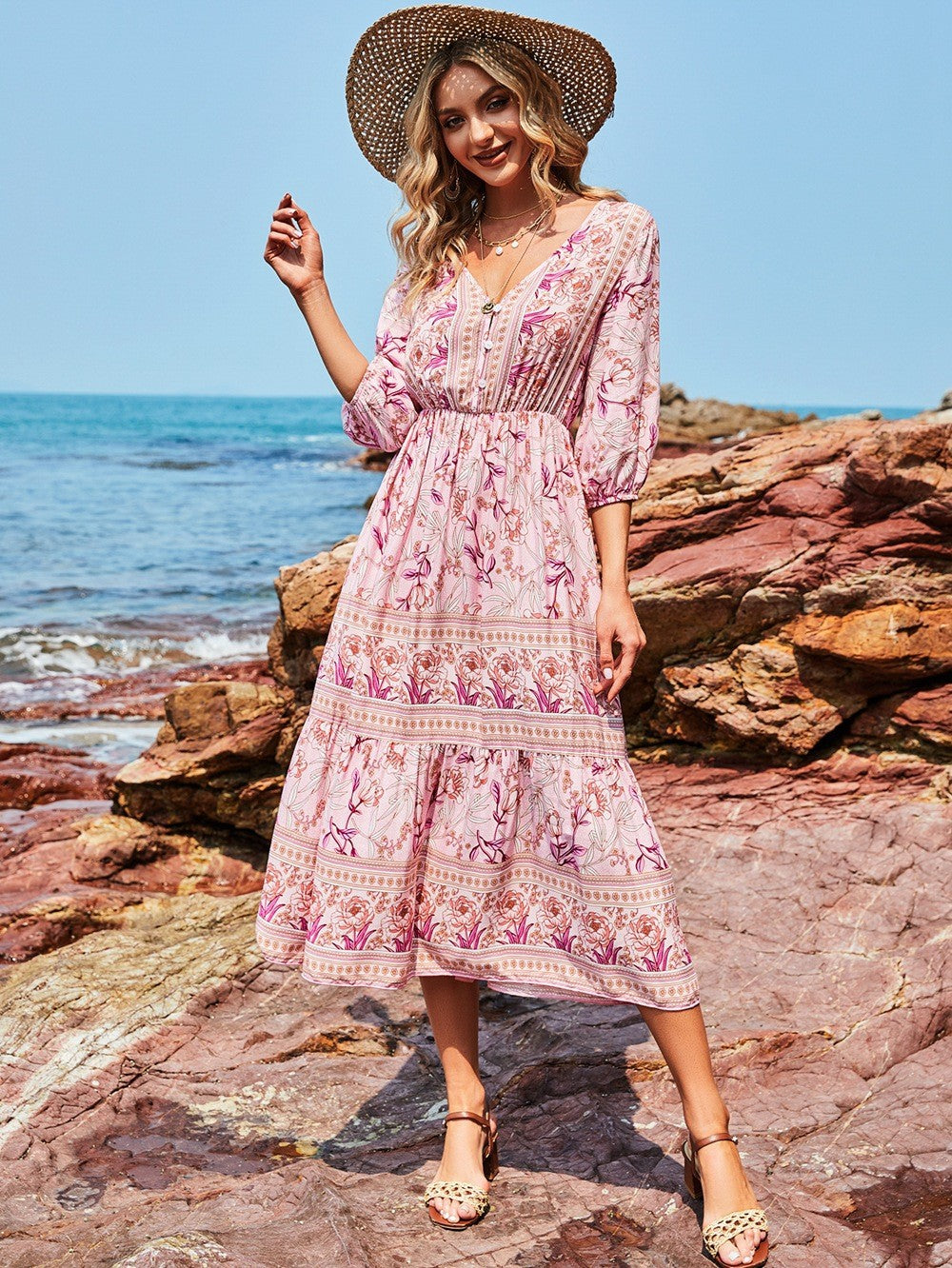 Floral Print V-Neck Tiered Boho Midi Dress