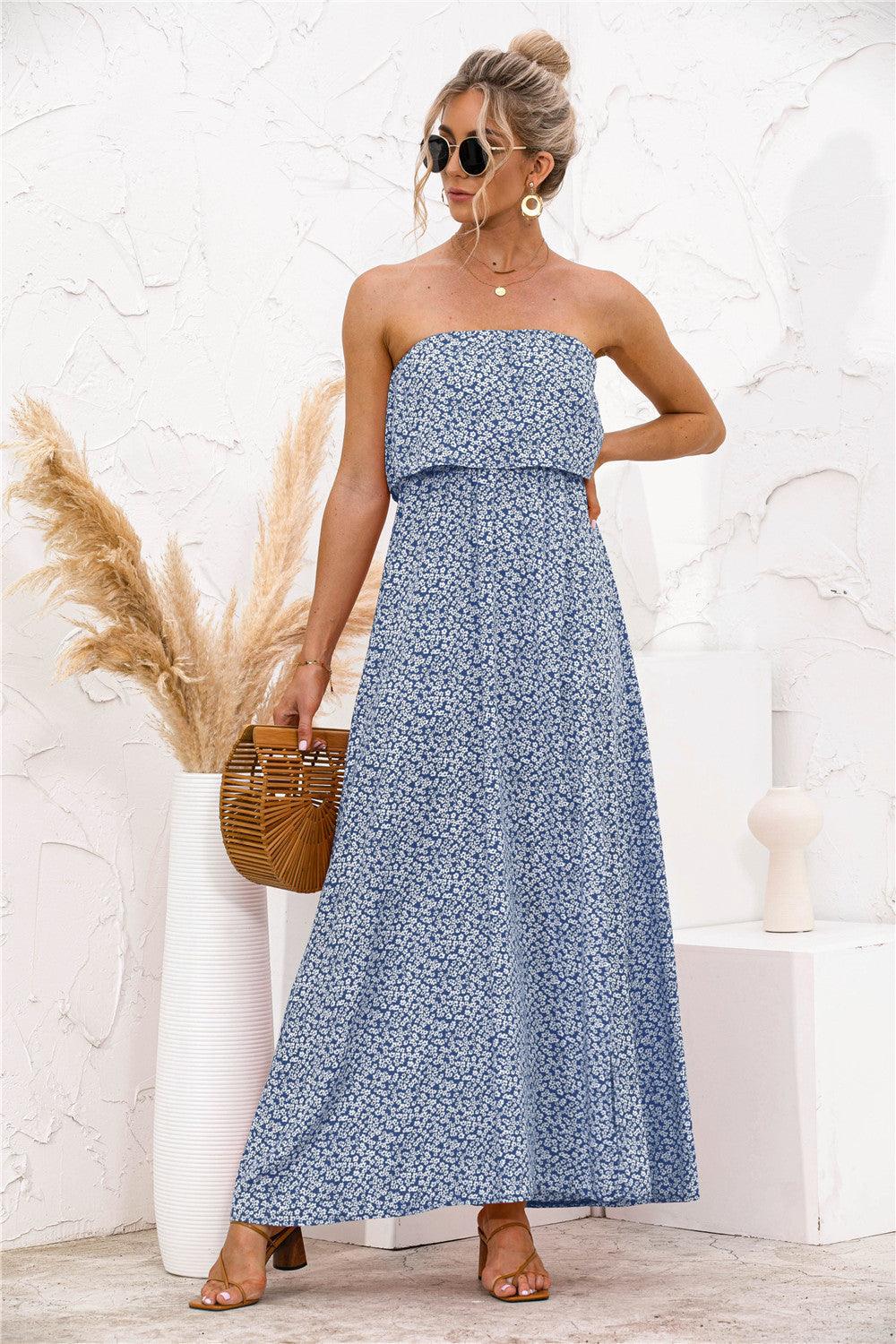 Floral Print Strapless Foldover High Slit Maxi Dress