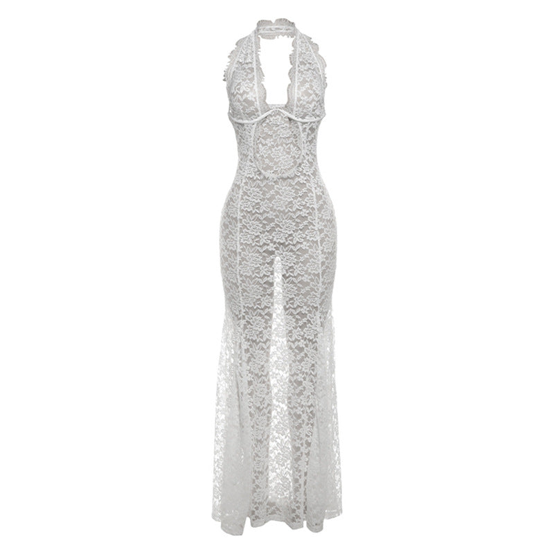 Lace Hollow Out Cutout Halter Maxi Backless Solid Color Dress - View 5