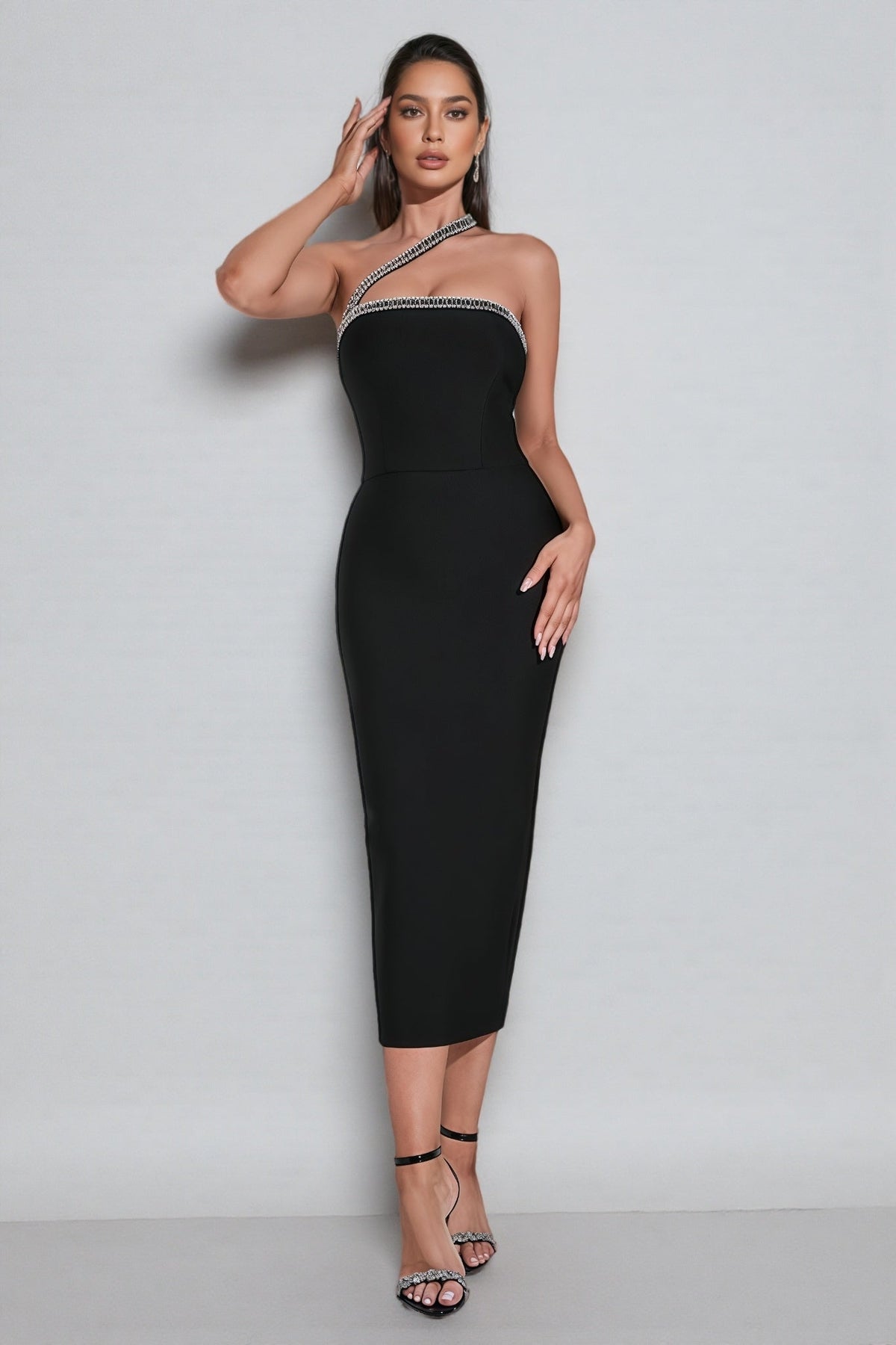 Crystal Trim Asymmetric Strap One Shoulder Bodycon Bandage Midi Dress - View 2