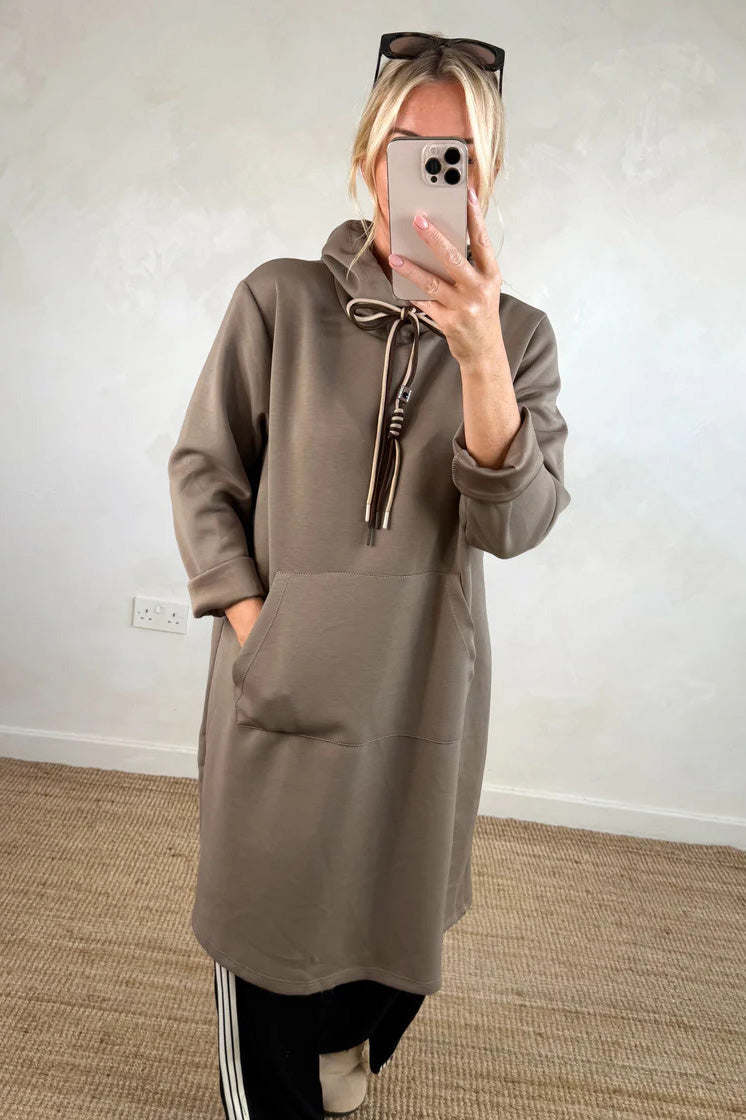 Kangaroo Pocket Loose Hooded Sweatshirt Midi Dress
