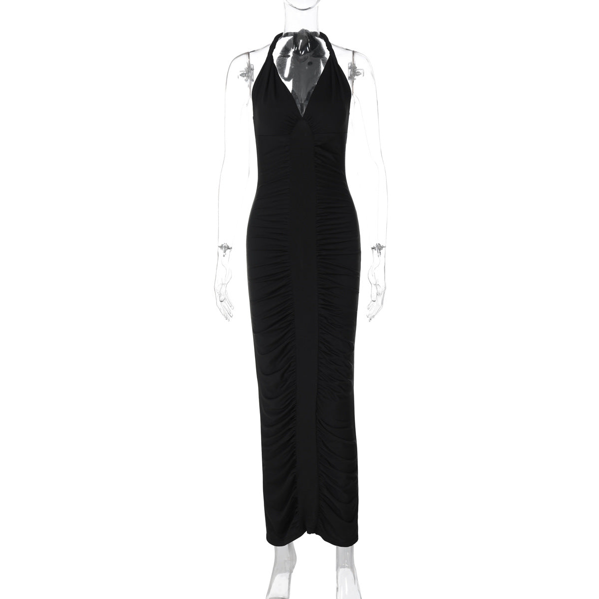 V neck Backless Lace up Slim Fit Pleated Dress - View 7