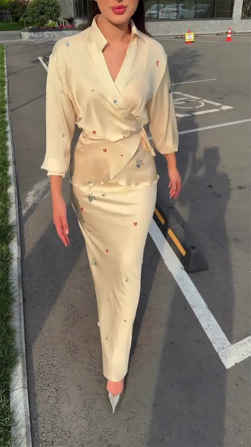 Satin long-sleeved tie-print top and skirt two-piece set