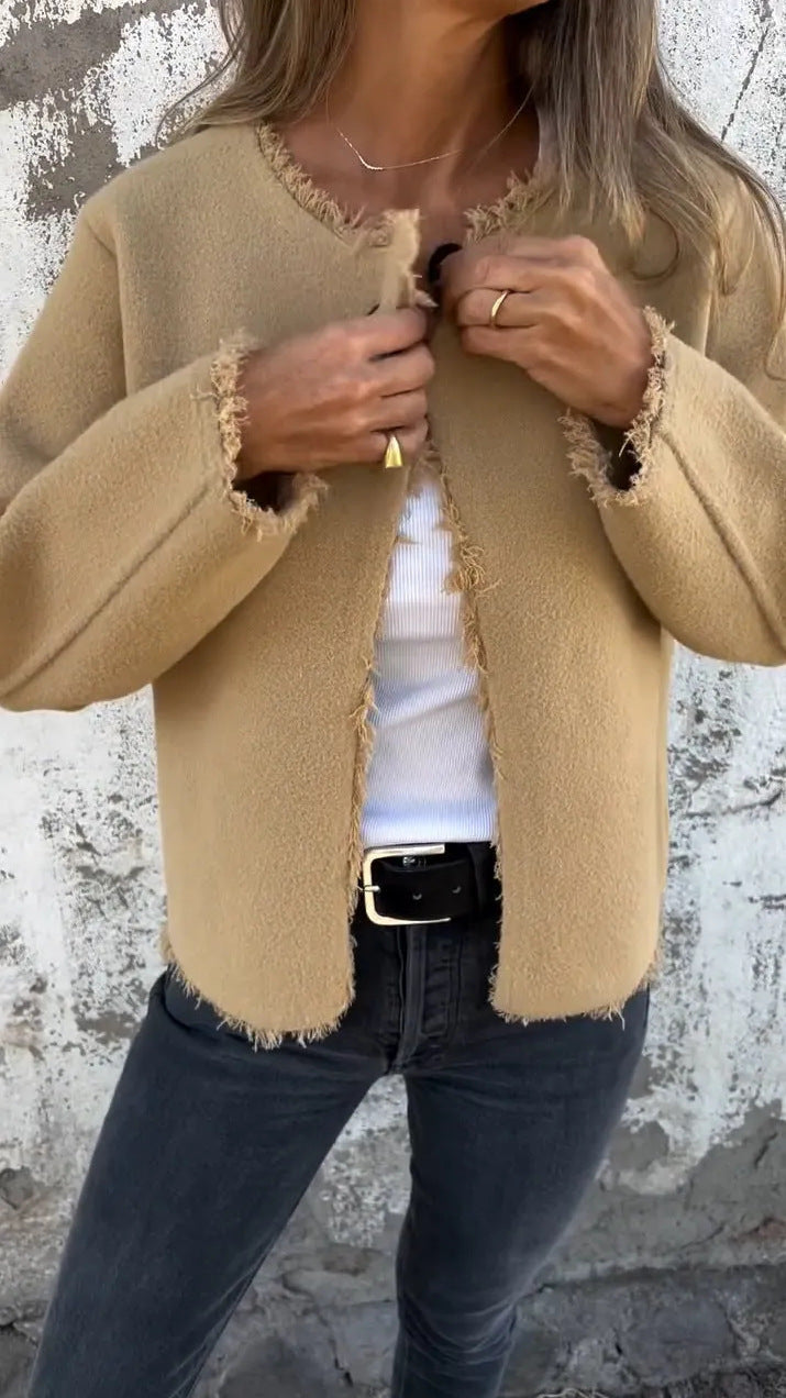 Frosted Edge Long-Sleeve Woolen Coat for Elegance and Warmth