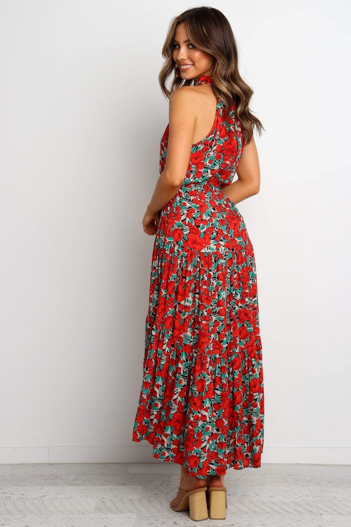 Floral Print Halter Neck Tiered Midi Dress