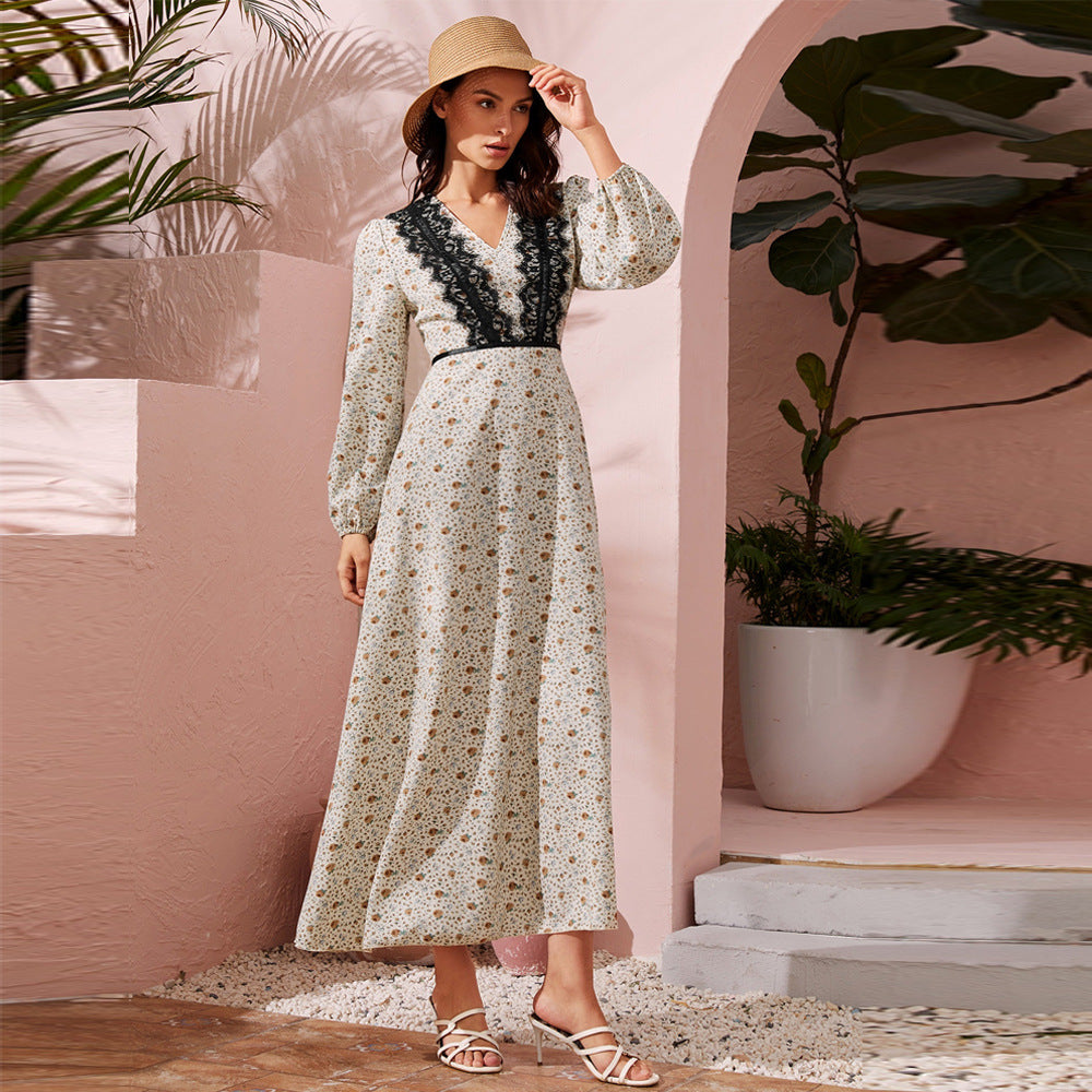Floral Deep V-Neck Lace Trim Bishop Sleeve A-Line Maxi Dress - View 5
