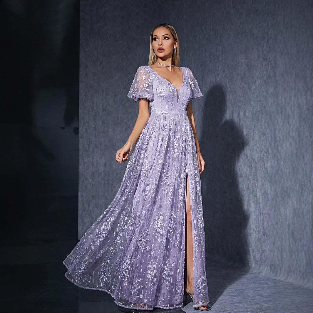 Floral Embroidered V-Neck Puff Sleeve High Split A-Line Maxi Dress