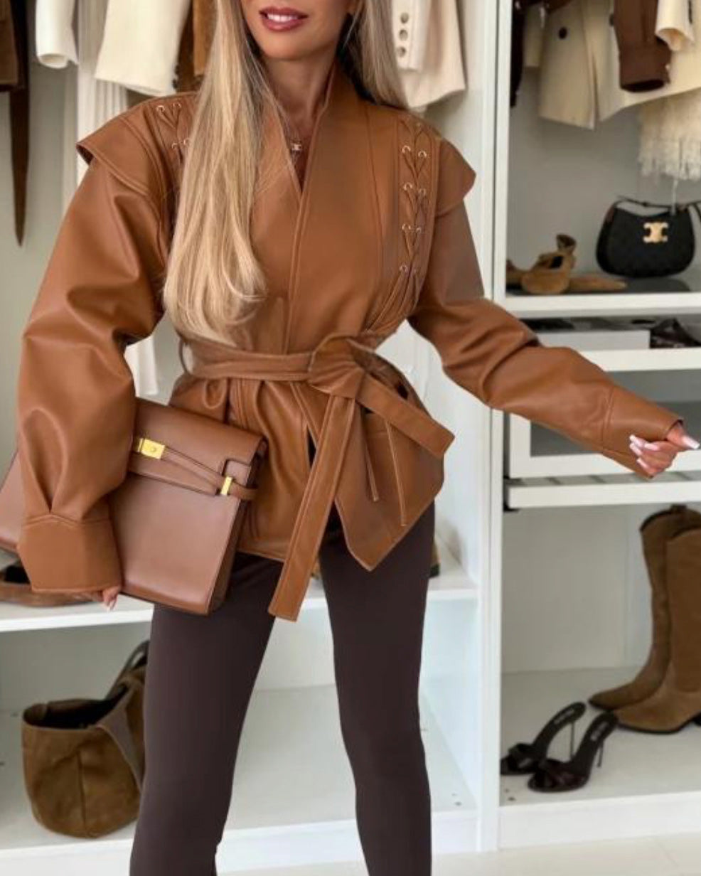 Irregular Hem Belted Short PU Jacket for Modern Style