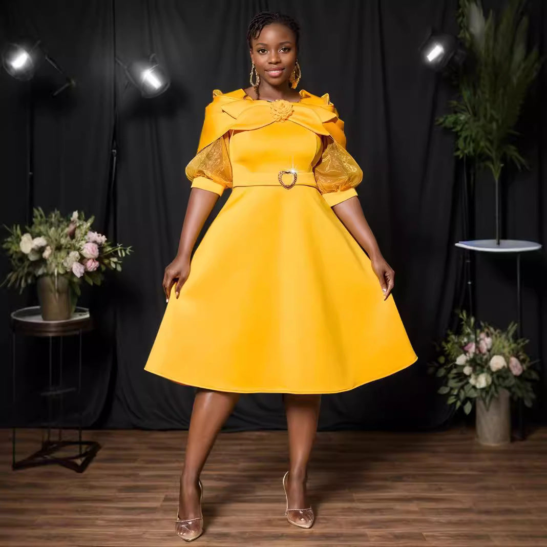 Bow See through Lantern Sleeve Dress Party Gathering Waist A line Dress - Fashionpara