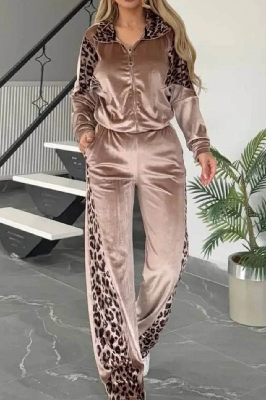 Suede Leopard Print Long Sleeve Jacket and Wide-Leg Pants Set