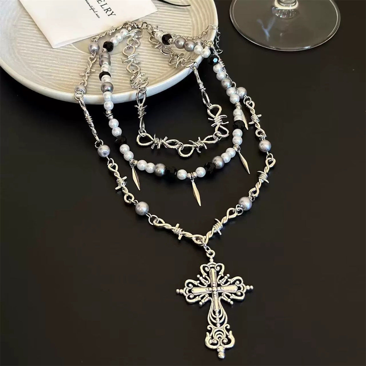 Gothic Beaded Thorn Heavy Punk Cross Pendant Vintage Layered Necklace Silver Halloween