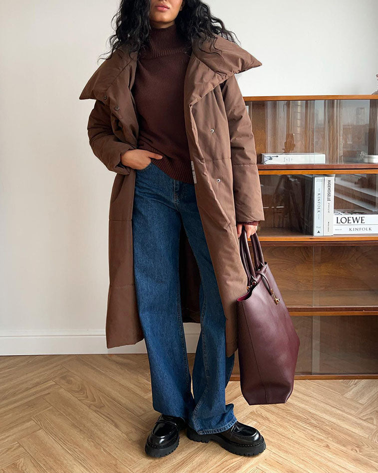 Elegant Long Cotton Coat with Large Lapel and Belt