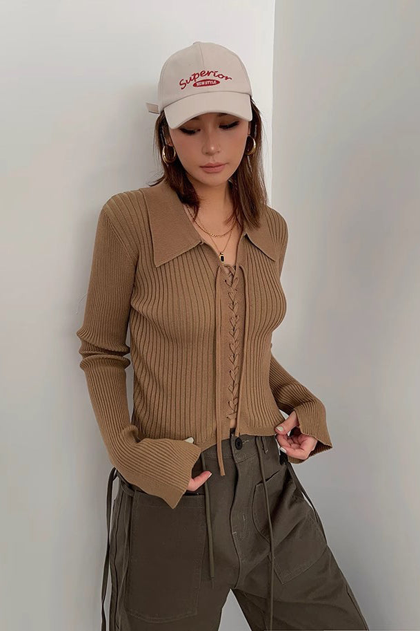 Rib-Knit Lace-Up Sweater Cardigan for Stylish Comfort