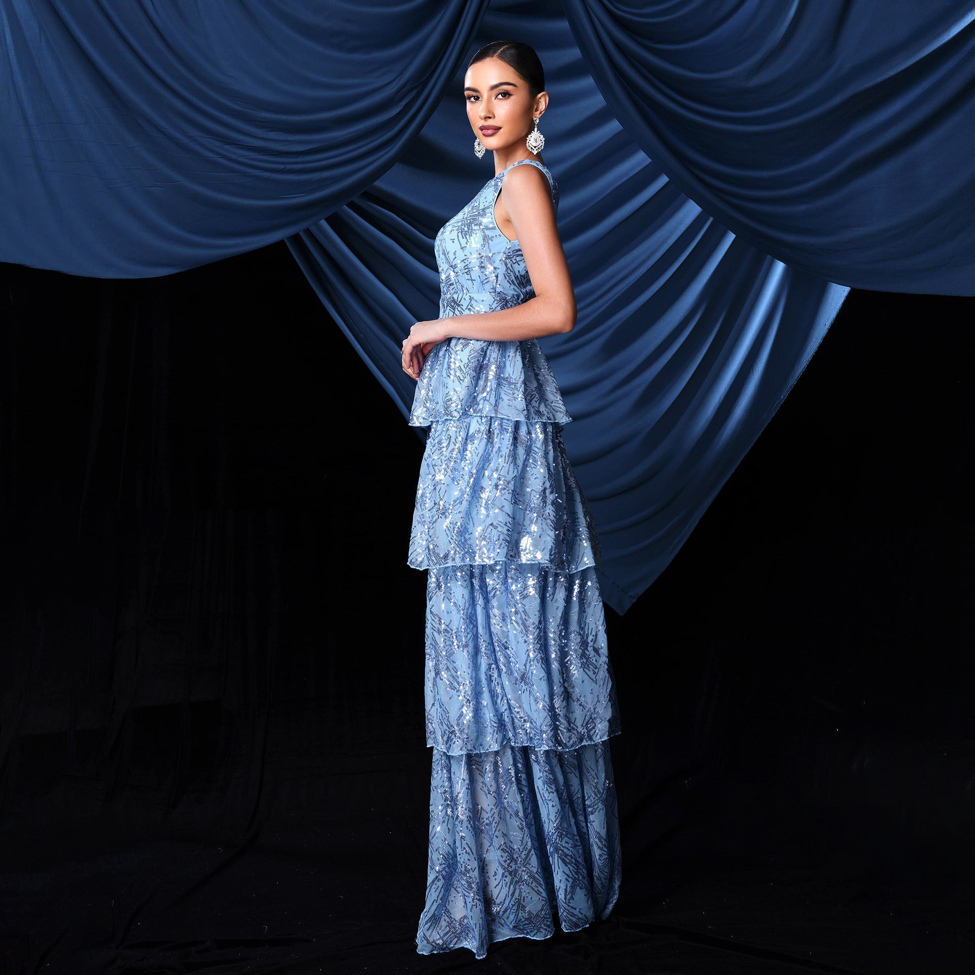 Sleeveless Elegant V neck Long Sequined Cocktail Sequined Evening Dress Bridesmaid - Fashionpara