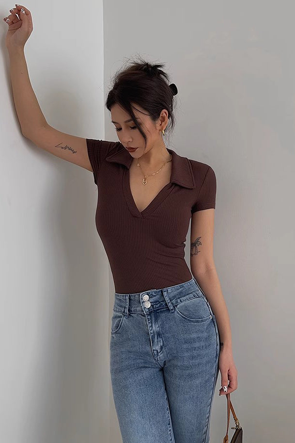 Short Sleeve Wrap V Neck Ribbed Tank Tops