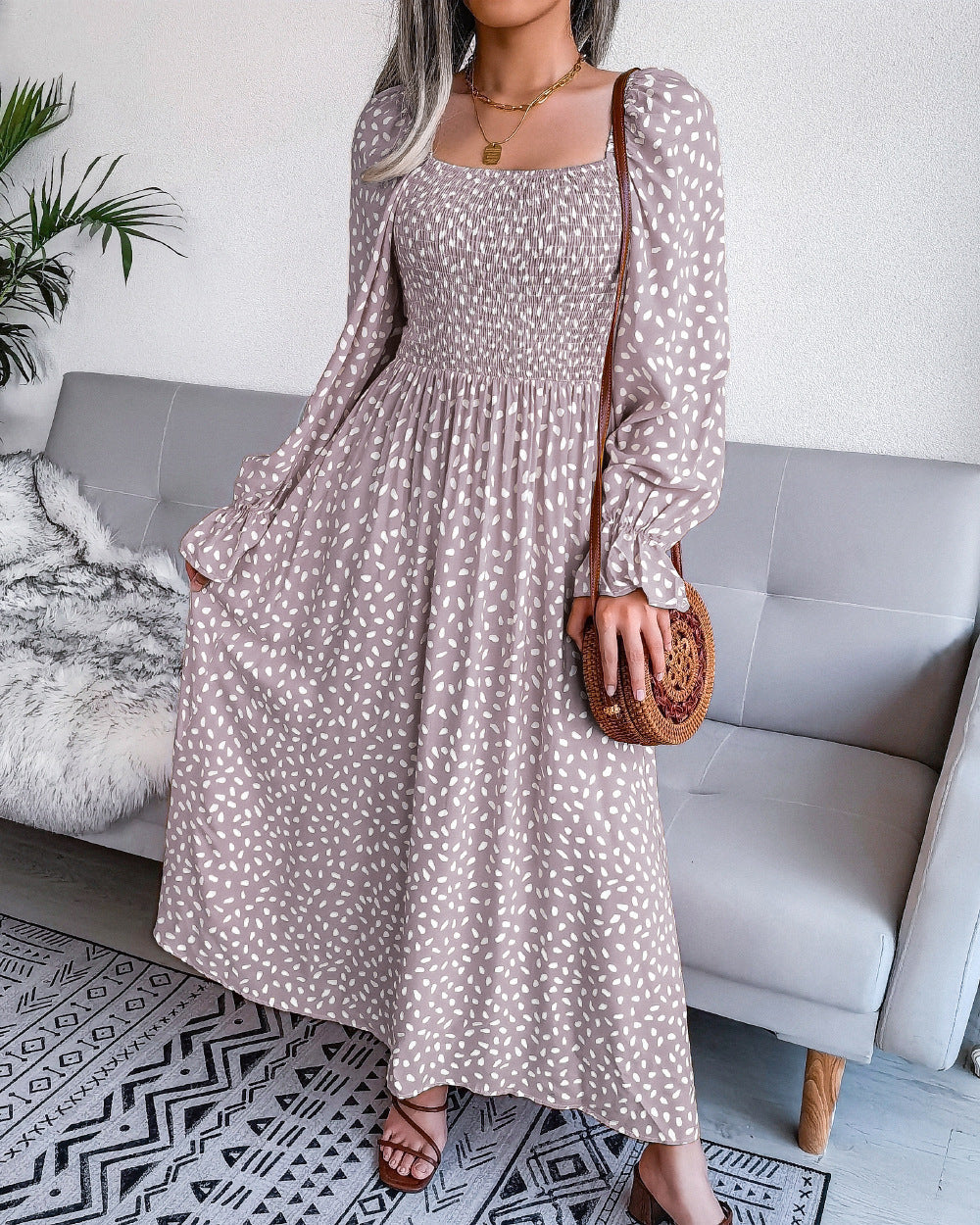 Animal Print Square Neck Long Sleeve Smocked Midi Dress