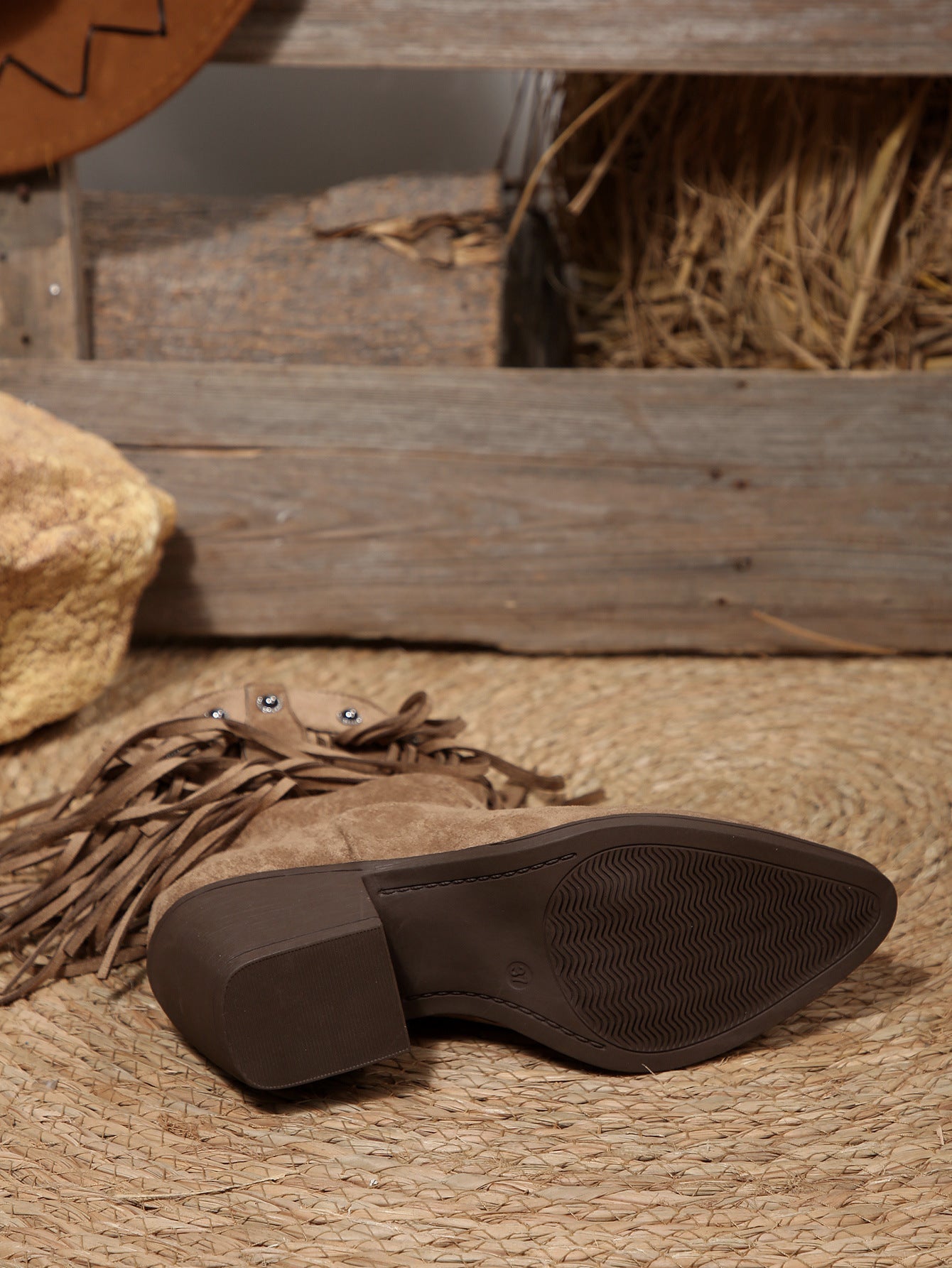 Tassel rivet pointed toe chunky high heel ankle boots