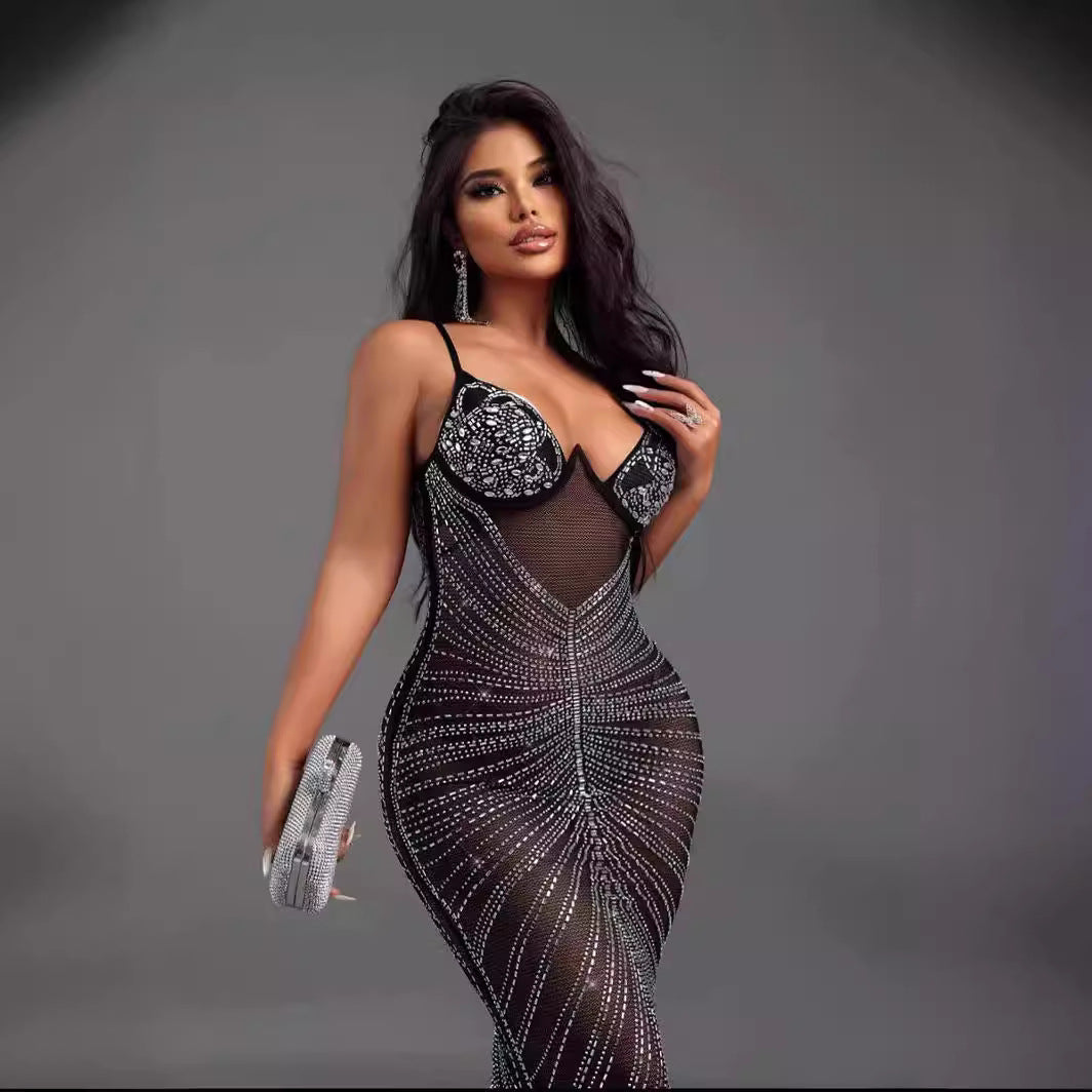 Elegant V-neck Rhinestone Sparkling Backless Prom Dress