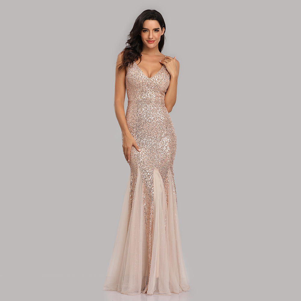 Sequin V-Neck Sleeveless Mesh Panel Mermaid Maxi Dress - View 2