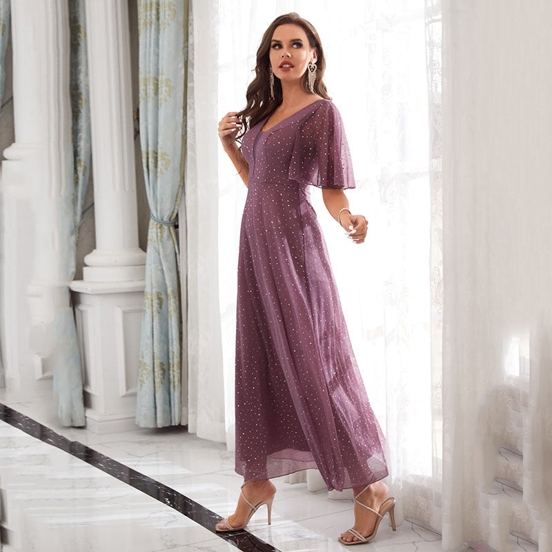 Evening Dress V neck Ruffle Bridesmaid Performance Party Dress - Fashionpara