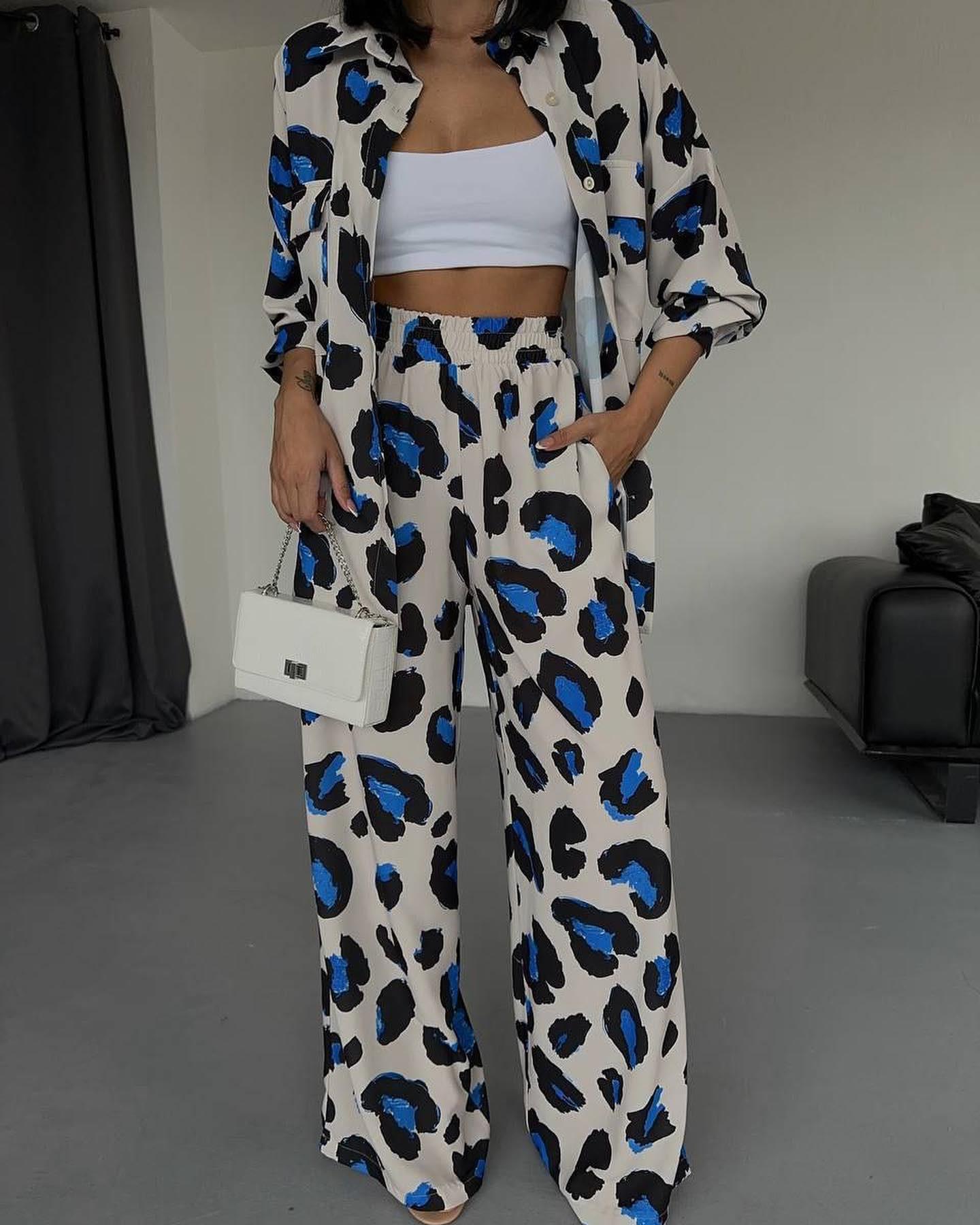 Leopard Print Long Sleeve Shirt Wide Leg Pants Two-Piece Set - Fashionpara