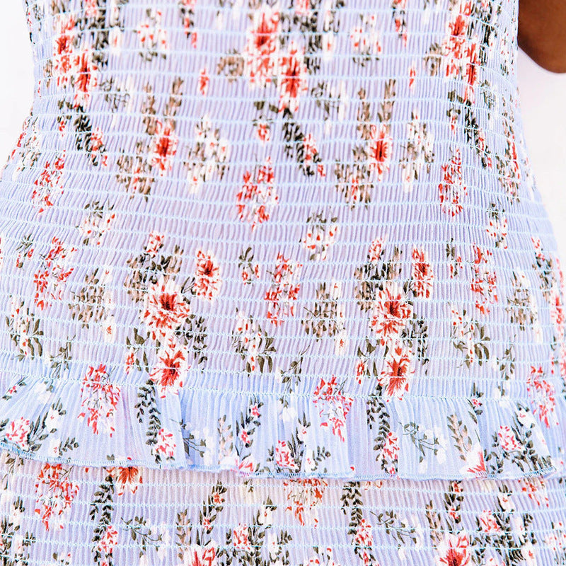 Floral Print Square Neck Smocked Tiered Midi Dress