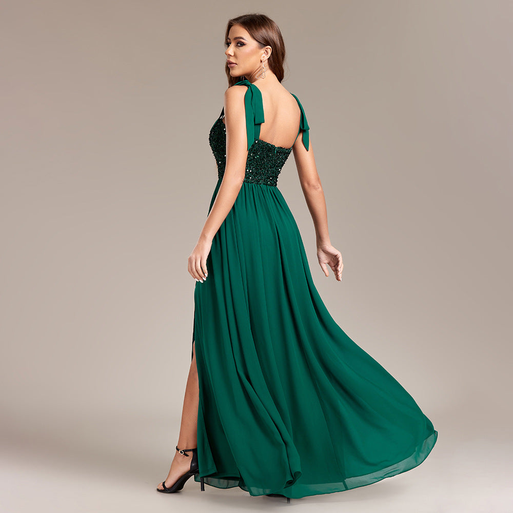Sequin Sweetheart Tie Strap High Split A-Line Chiffon Maxi Dress - View 2